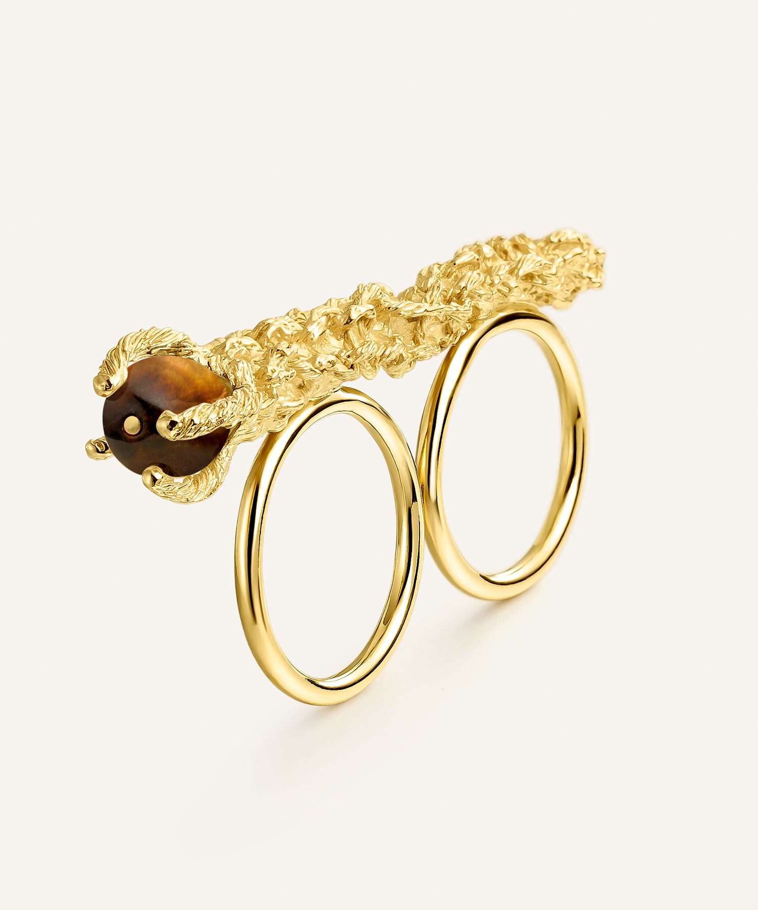 Sonia Folache Anillo Paloma Latón Bañado en oro de 18k con Ojo de Tigre Artesanal